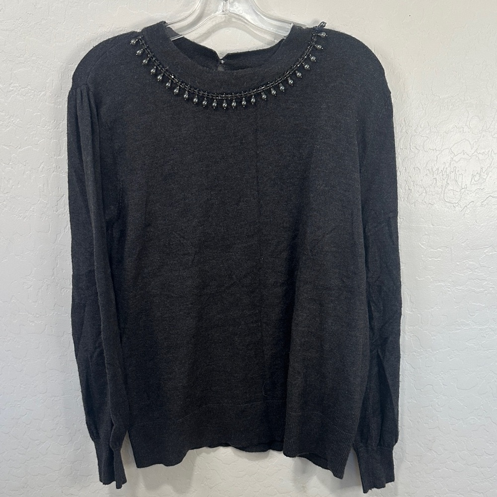 Liz Claiborne Gray Sweater Womens XL beaded collar neck goth grandma warm